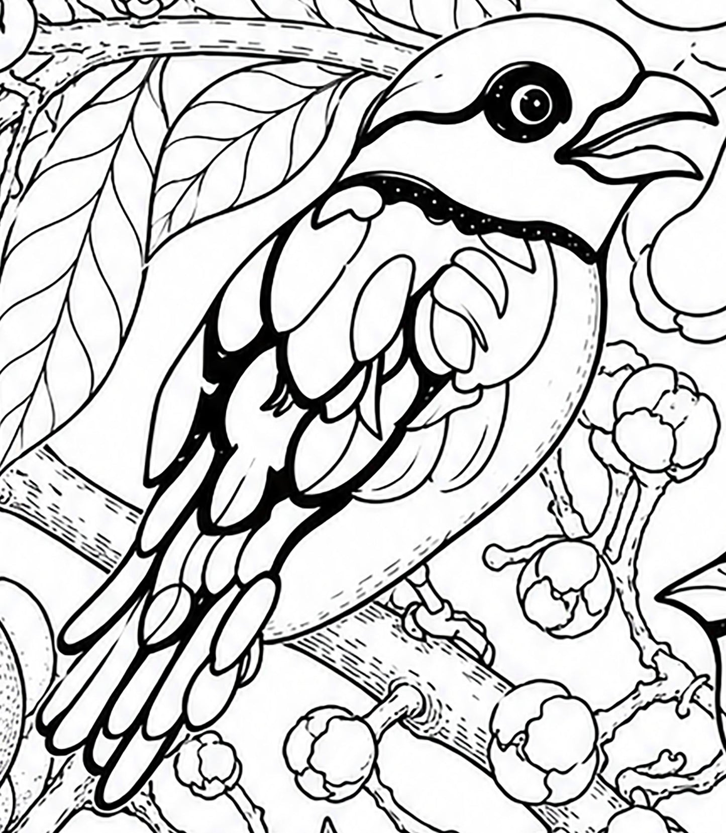 Black‑Yellow Broadbill Coloring Poster – Cannonball Tree Line Art | Wildlife/ Hand drawn by award winning artist