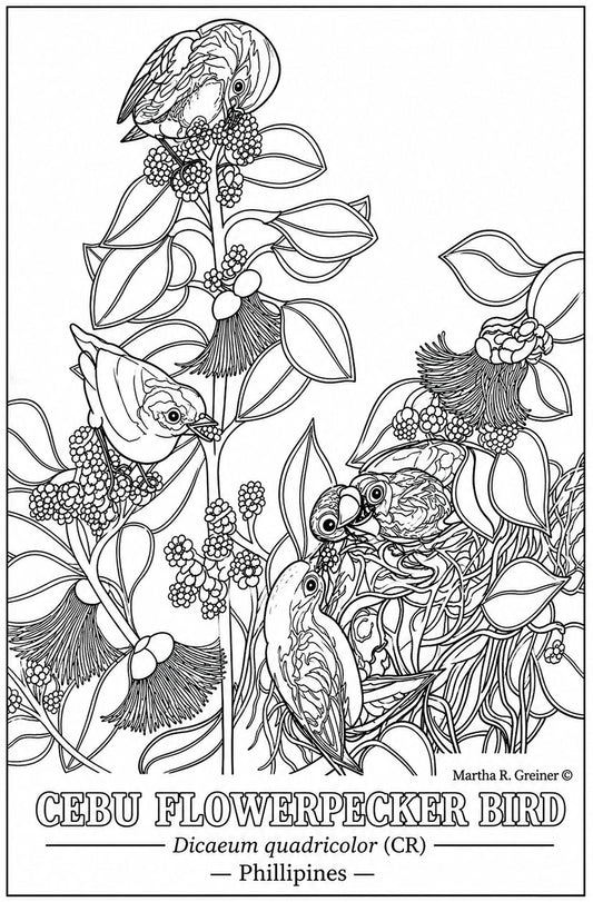 Cebu Flowerpecker Coloring Poster – Critically Endangered Bird Line Art – Hand‑Drawn Wildlife Illustration – Nature Education Decor