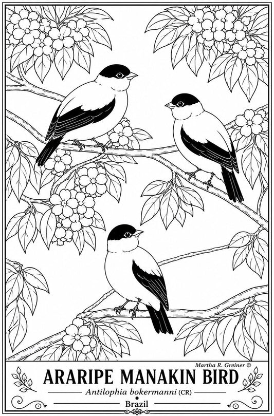 Araripe Manakin Coloring Poster – Critically Endangered Bird Line Art Print