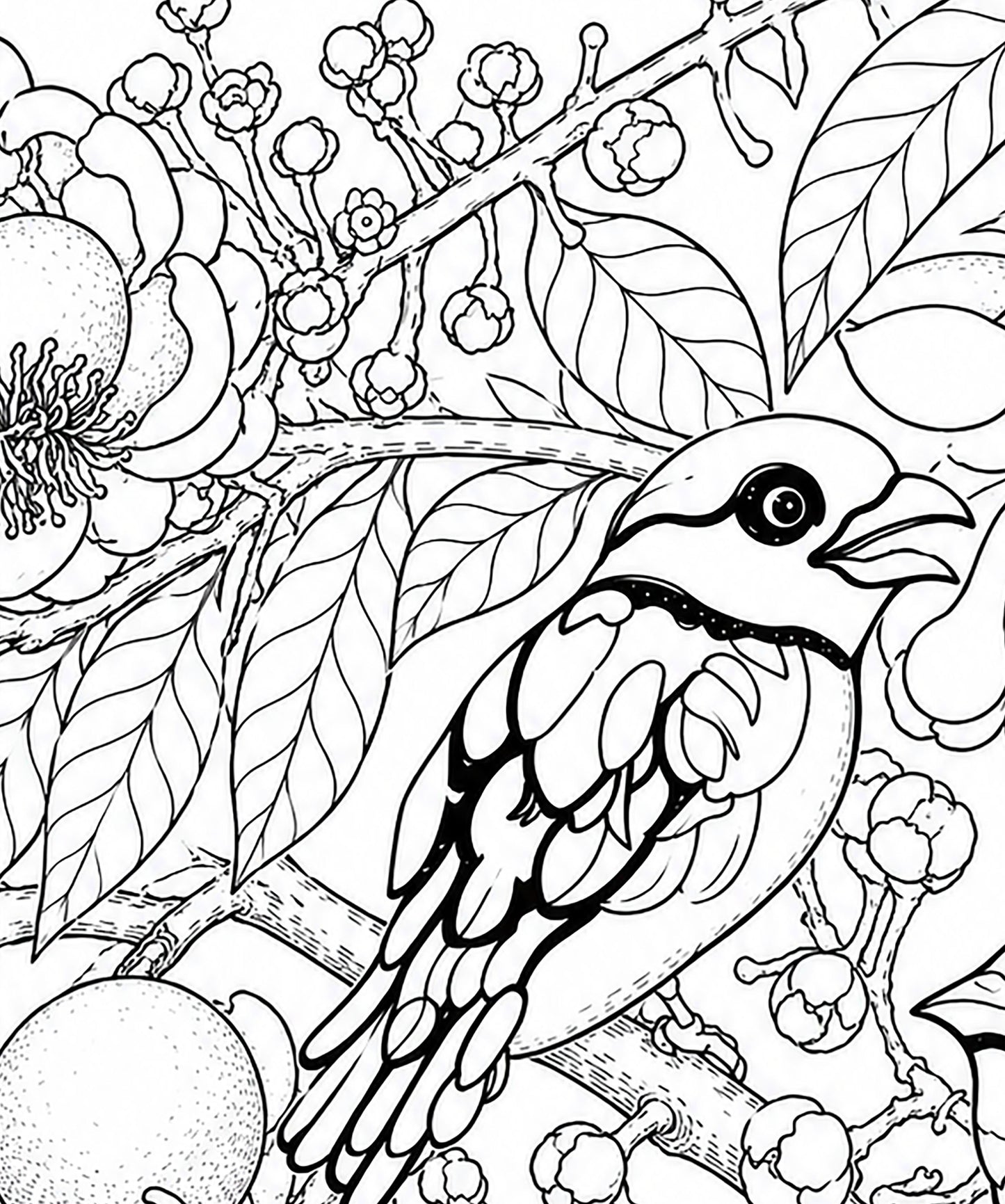 Black‑Yellow Broadbill Coloring Poster – Cannonball Tree Line Art | Wildlife/ Hand drawn by award winning artist