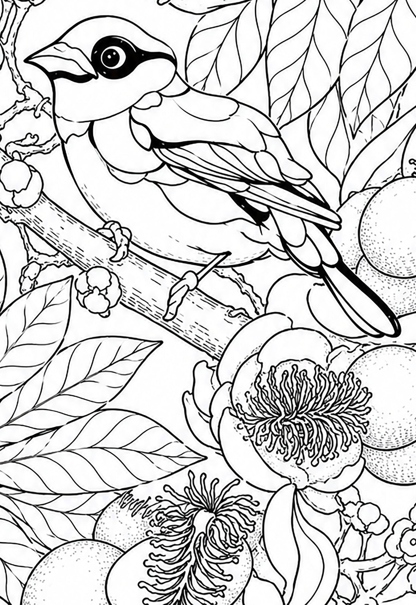 Black‑Yellow Broadbill Coloring Poster – Cannonball Tree Line Art | Wildlife/ Hand drawn by award winning artist