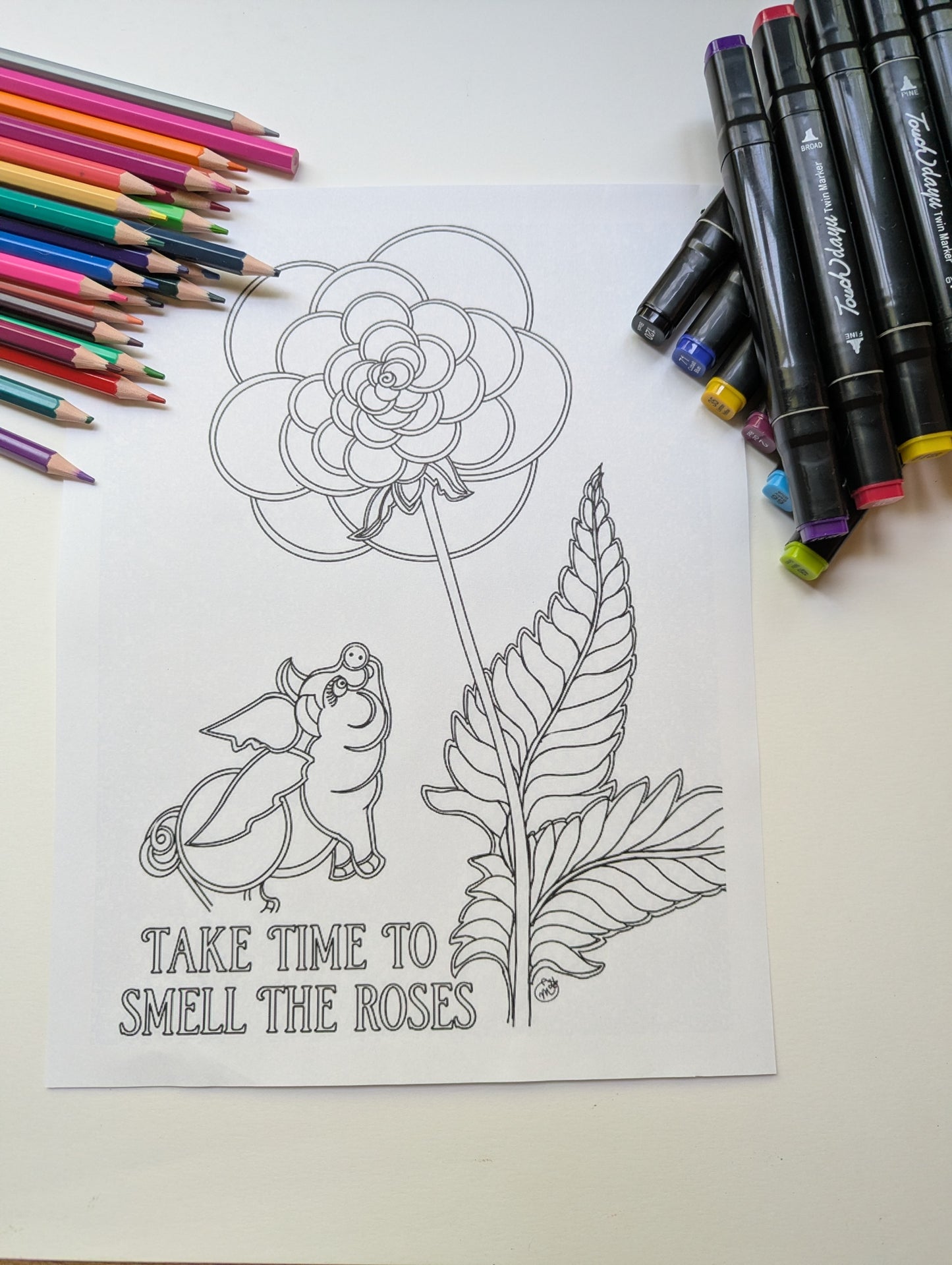 Take Time to Smell the Roses Coloring Poster | Inspirational Flower Coloring Page Printable