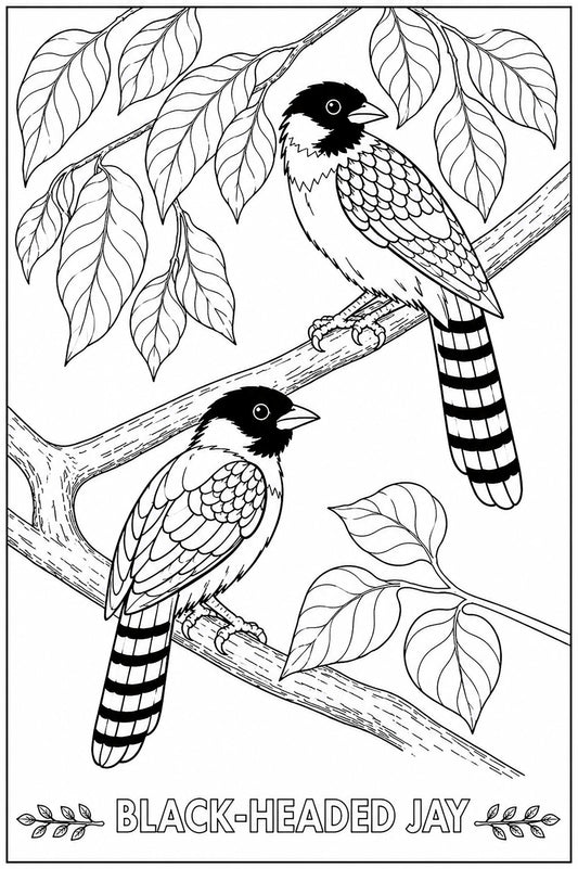 Black‑Headed Jay Coloring Poster – Himalayan Bird Line Art | Wildlife Art